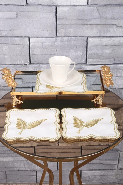 Palmiye Yaprak Gold 6lı Linen Keten Kahve Yanı Kokteyl Sunum Parti Peçetesi Nakış Işlemeli Sunumluk - 2