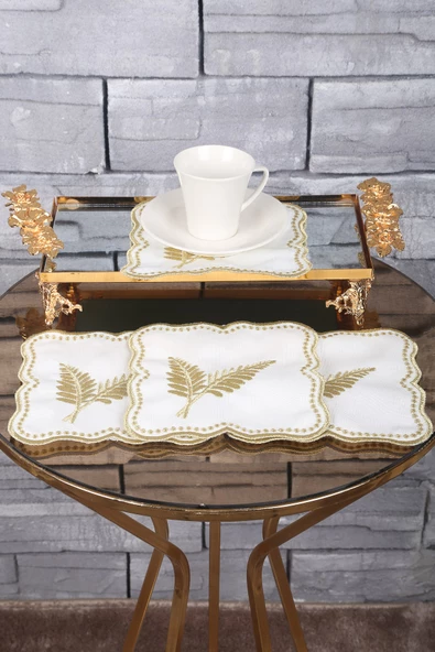 Palmiye Yaprak Gold 6lı Linen Keten Kahve Yanı Kokteyl Sunum Parti Peçetesi Nakış Işlemeli Sunumluk - 3
