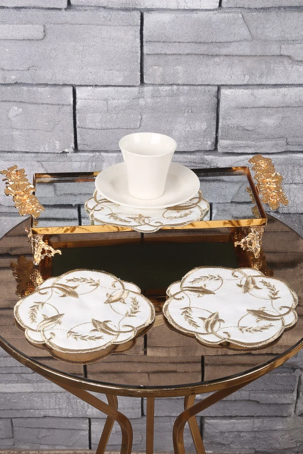 Sarmaşık Gold 6lı Linen Keten Kahve Yanı Kokteyl Sunum Parti Peçetesi Nakış Işlemeli Sunumluk - 2