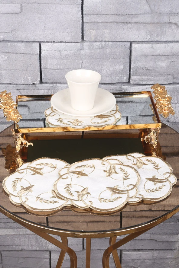 Sarmaşık Gold 6lı Linen Keten Kahve Yanı Kokteyl Sunum Parti Peçetesi Nakış Işlemeli Sunumluk - 3