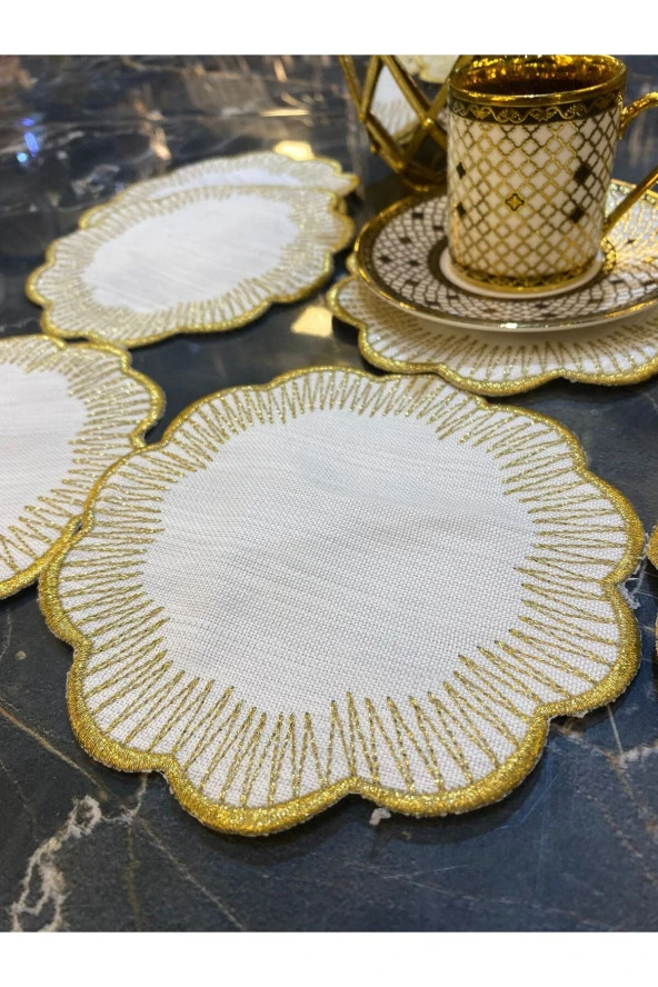 Shems Gold 6lı Linen Keten Kahve Yanı Kokteyl Sunum Parti Peçetesi Nakış Işlemeli Sunumluk