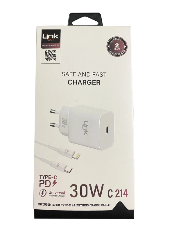 LinkTech C214 30W PD Type-C to Lightning Kablolu Şarj Aleti Set Beyaz - 3