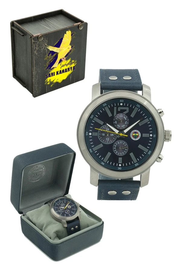 Fenerbahçe Orijinal Lisanslı Lacivert Renk Deri Kordonlu Kol Saati Hediyelik Ahşap Kutulu