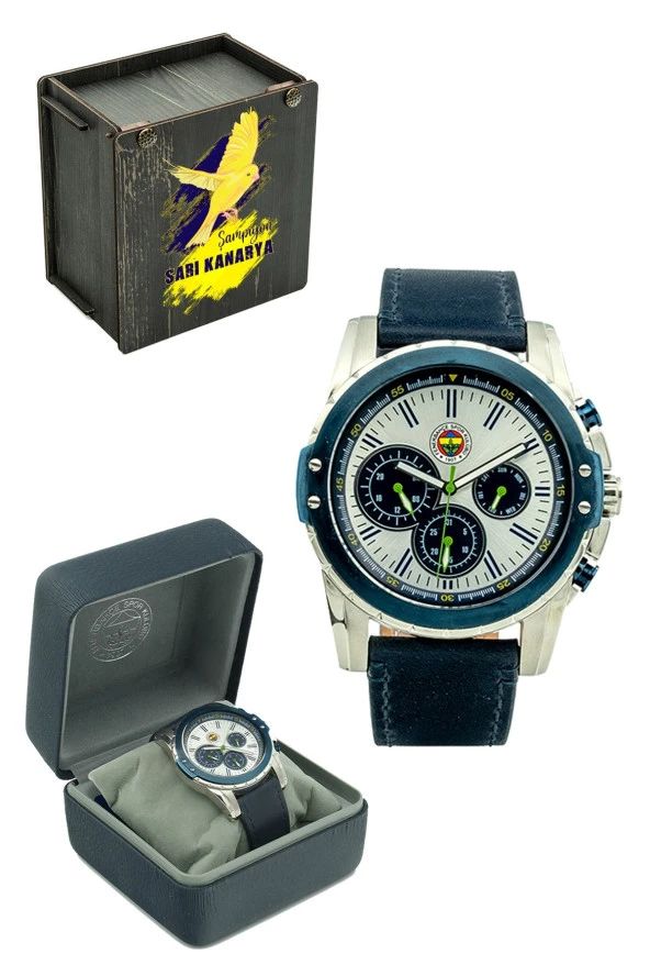 Fenerbahçe Orijinal Lacivert Deri Kordonlu Multifonksiyon Kol Saati Hediyelik Ahşap Kutulu