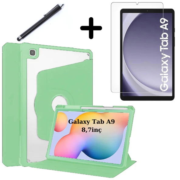 Samsung Galaxy Tab A9 8.7inç X110 X113 X115 X117 Kılıf Termik Kalem Bölmeli Dönebilen Standlı Case SET - 7