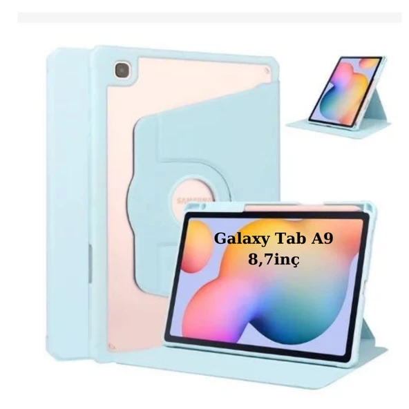 Samsung Galaxy Tab A9 8.7inç X110 X113 X115 X117 Kılıf Termik Kalem Bölmeli Dönebilen Standlı Case SET - 9