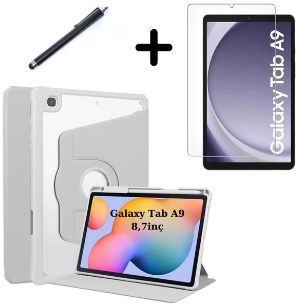 Samsung Galaxy Tab A9 8.7inç X110 X113 X115 X117 Kılıf Termik Kalem Bölmeli Dönebilen Standlı Case SET - 4
