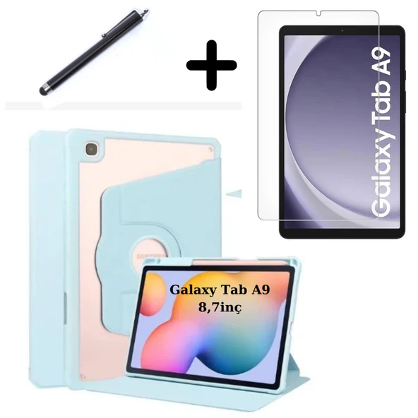 Samsung Galaxy Tab A9 8.7inç X110 X113 X115 X117 Kılıf Termik Kalem Bölmeli Dönebilen Standlı Case SET - 3