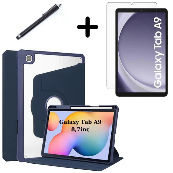 Samsung Galaxy Tab A9 8.7inç X110 X113 X115 X117 Kılıf Termik Kalem Bölmeli Dönebilen Standlı Case SET - 3