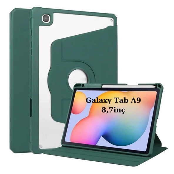 Samsung Galaxy Tab A9 8.7inç X110 X113 X115 X117 Kılıf Termik Kalem Bölmeli Dönebilen Standlı Case SET - 10