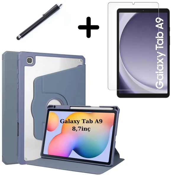 Samsung Galaxy Tab A9 8.7inç X110 X113 X115 X117 Kılıf Termik Kalem Bölmeli Dönebilen Standlı Case SET - 8