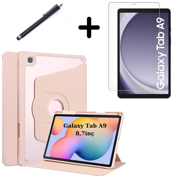 Samsung Galaxy Tab A9 8.7inç X110 X113 X115 X117 Kılıf Termik Kalem Bölmeli Dönebilen Standlı Case SET - 6