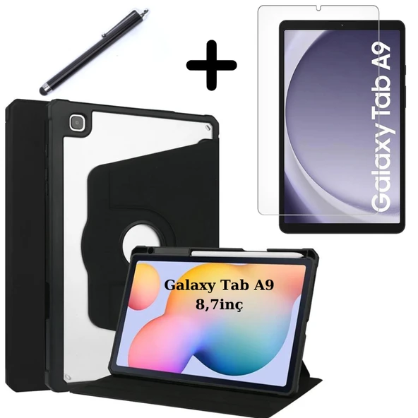 Samsung Galaxy Tab A9 8.7inç X110 X113 X115 X117 Kılıf Termik Kalem Bölmeli Dönebilen Standlı Case SET - 10