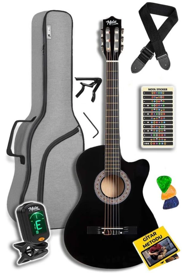 Midex CG-39X-CS Siyah Klasik Gitar 4/4 Kesik Kasa Sap Ayarlı (Gigbag Tuner Askı Capo Pena Metod)
