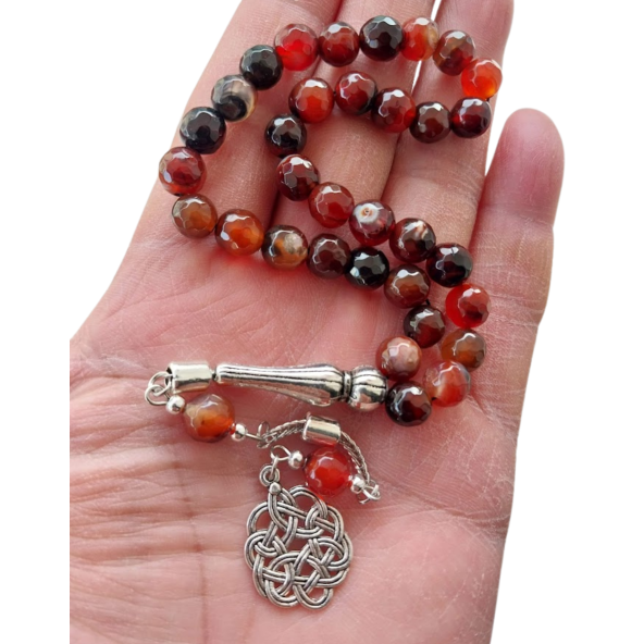 Dogal Taş Akik Tesbih,Metal Kazaz Desen Püsküllü tespih. - 2