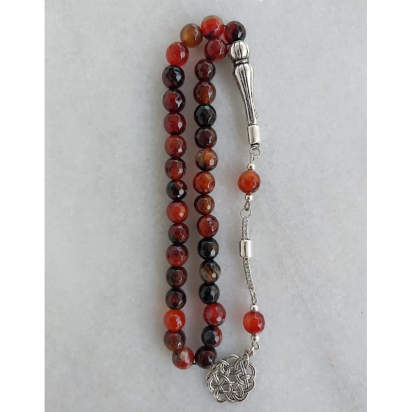 Dogal Taş Akik Tesbih,Metal Kazaz Desen Püsküllü tespih. - 3