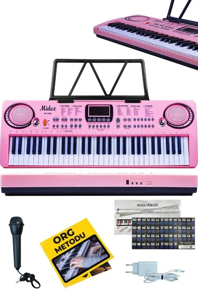 Midex PS-1500PK Başlangıç İçin 61 Tuşlu Org Pembe Renk Notalık Adaptör Mikrofon METOD (100 Ses 100 Ritim) ürün görseli 1