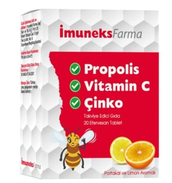 Imuneks Propolis Vitamin C Çinko içeren Takviye Edici Gıda 20 Efervesan Tablet