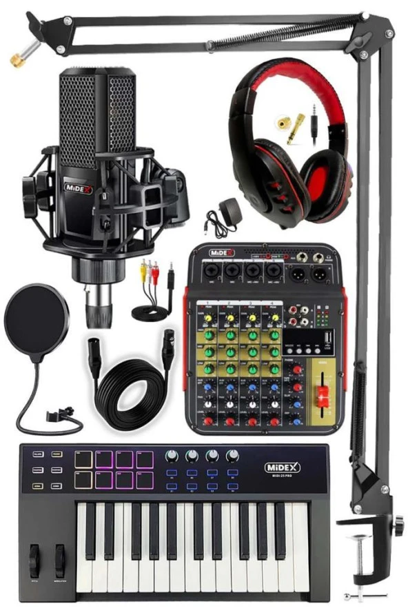 Stüdyo Ekipmanları Midi Live Paket-2 Ses Kartlı Mikser Midi Klavye MX-2020 Mikrofon Kulaklık