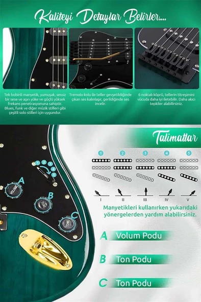 Midex GLC-40GR Profesyonel Elektro Gitar Yeşil (Stand Gigbag Askı Capo Tuner Pena Kablo Yedek Tel) - Resim 3