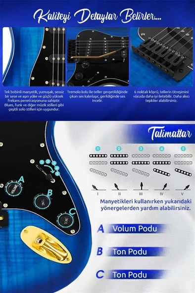 Midex GLC-40BL-AMP Elektro Gitar Seti 25 WATT Şarjlı BT Amfi Kulaklık ve Full SET - Resim 3