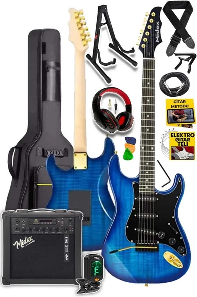 Midex GLC-40BL-AMP Elektro Gitar Seti 25 WATT Şarjlı BT Amfi Kulaklık ve Full SET ürün görseli