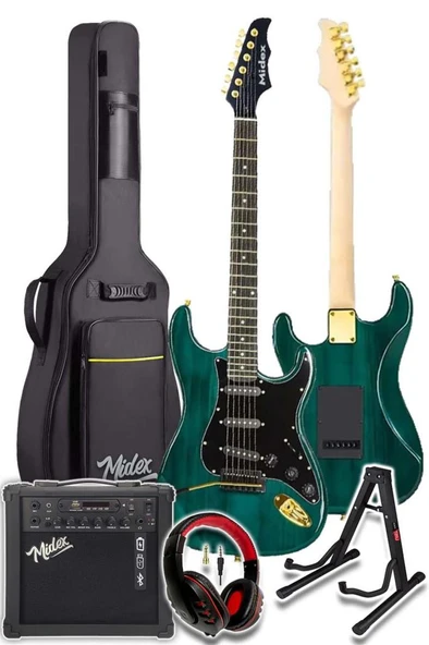 Midex GLC-40GR-AMP Elektro Gitar Seti 25 WATT Şarjlı BT Amfi Kulaklık ve Full SET - Resim 2
