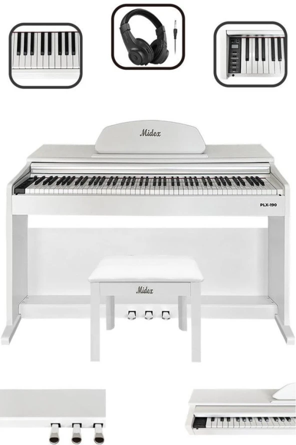 Midex PLX-190WH Dijital Piyano 88 Tuşlu Beyaz Tuş Hassasiyetli Çekiç Aksiyonlu - 4