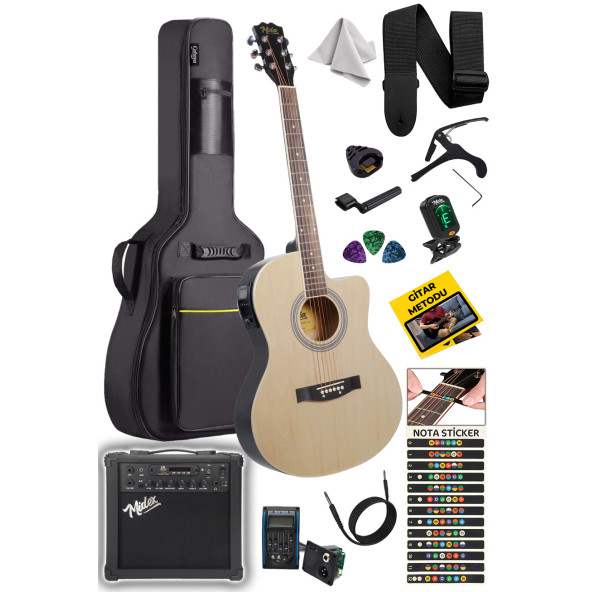Midex XC-300XNT-AMP Profesyonel AMFİLİ Elektro Akustik Gitar (Amfi Gigbag Çanta Tuner Capo Askı Jak Kablo Pena)