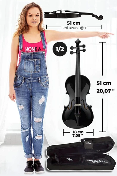 Midex HGA24BK-TYS Siyah 1/2 Yarım Keman Seti 8-10 Yaş Çocuk Kemanı (Yastık Reçine Çanta Tel Susturucu Yay Metod) - Resim 4