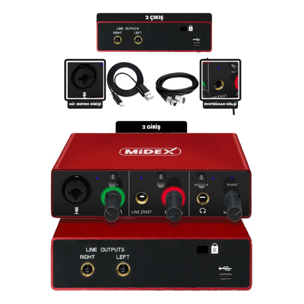 Midex GLX-500 PRO Stüdyo Ses Kartı 2 Giriş 2 Çıkış 24Bit/96kHz (XLR Kablo Hediye) - Resim 3