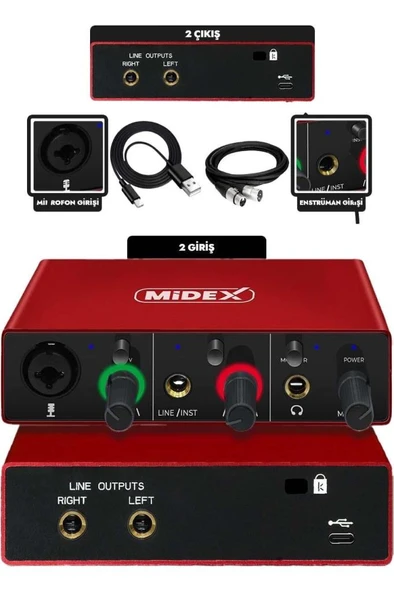 Midex GLX-500 PRO Stüdyo Ses Kartı 2 Giriş 2 Çıkış 24Bit/96kHz (XLR Kablo Hediye) - Resim 3