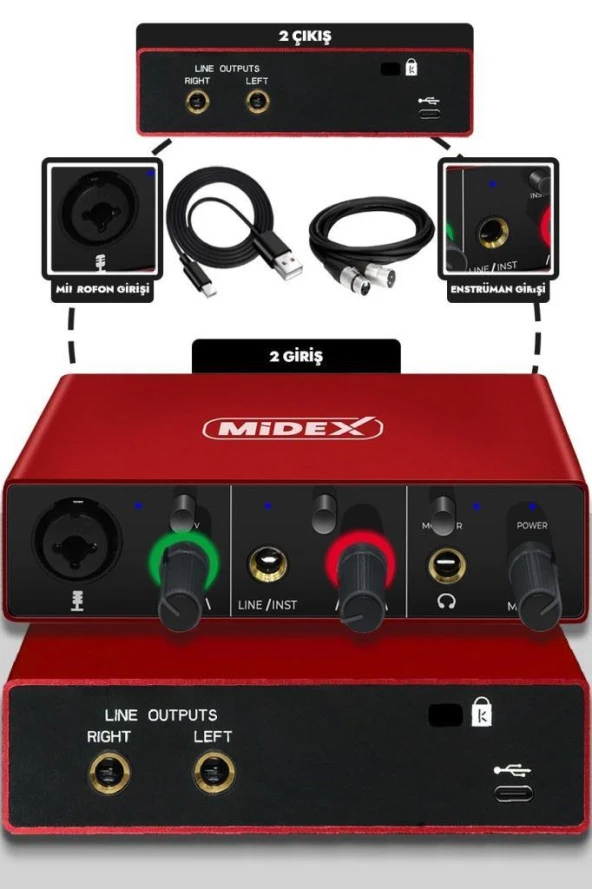 Midex GLX-500 PRO Stüdyo Ses Kartı 2 Giriş 2 Çıkış 24Bit/96kHz (XLR Kablo Hediye)
