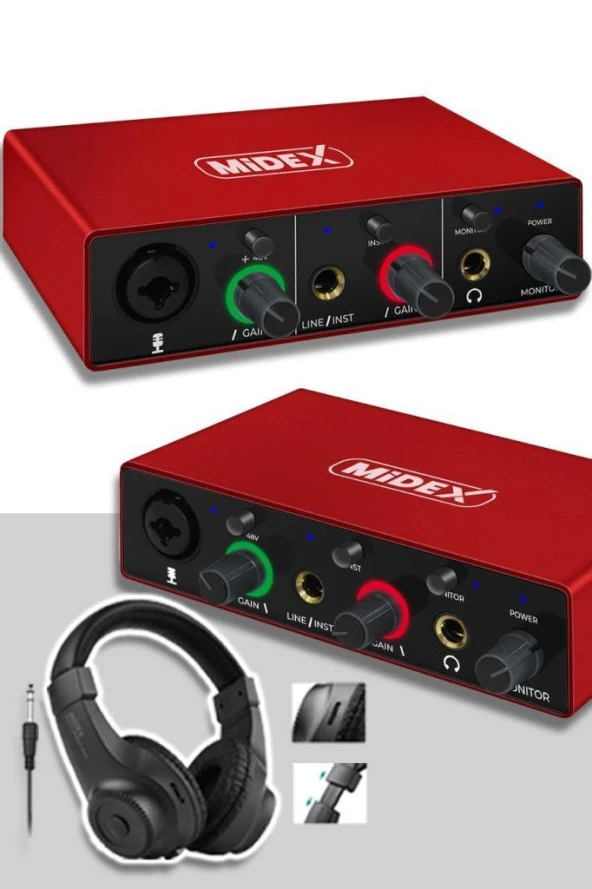 Midex GLX-500 PRO-HD 2 Giriş 2 Çıkış USB Stüdyo Ses Kartı Kulaklık ve XLR Kablo - Resim 2