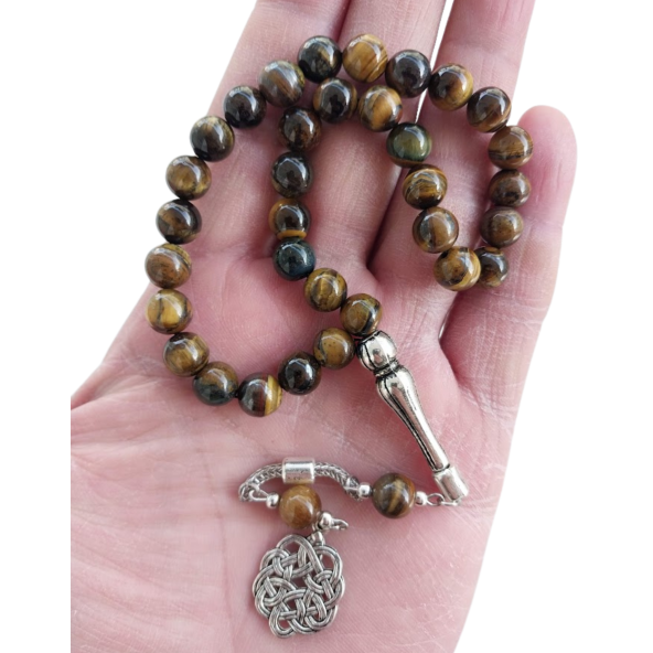 Dogal Taş Kaplan Gözü Tesbih.Metal Kazaz Desen Püsküllü tespih - 2