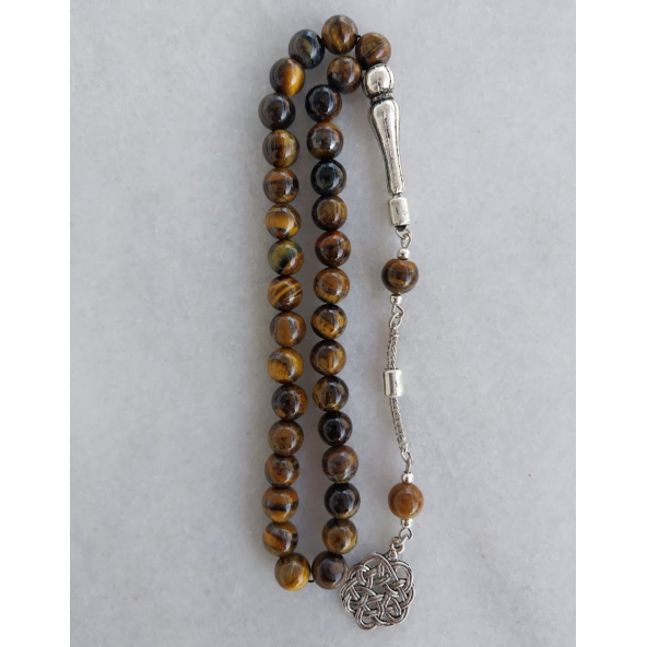 Dogal Taş Kaplan Gözü Tesbih.Metal Kazaz Desen Püsküllü tespih - 3