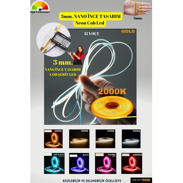 3mm. Nano Ince Neon Cob Şerit Led/ Ince Tasarım/ 5 Metre Rulo /1 Metrede 384 Led Bright Chip