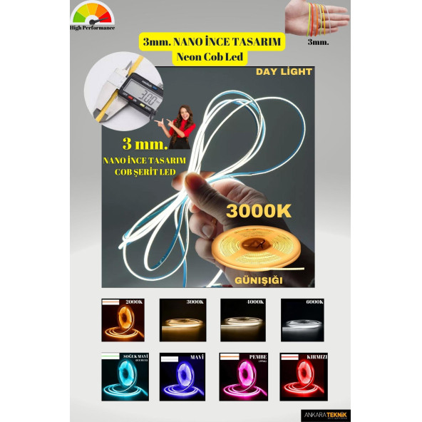 3mm. Nano Ince Neon Cob Şerit Led/ Ince Tasarım/ 5 Metre Rulo /1 Metrede 384 Led Bright Chip - 2