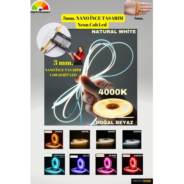 3mm. Nano Ince Neon Cob Şerit Led/ Ince Tasarım/ 5 Metre Rulo /1 Metrede 384 Led Bright Chip - 3