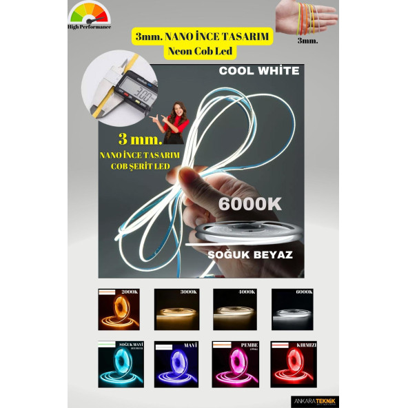 3mm. Nano Ince Neon Cob Şerit Led/ Ince Tasarım/ 5 Metre Rulo /1 Metrede 384 Led Bright Chip - 4