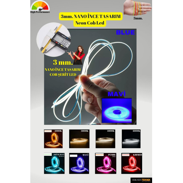 3mm. Nano Ince Neon Cob Şerit Led/ Ince Tasarım/ 5 Metre Rulo /1 Metrede 384 Led Bright Chip - 5