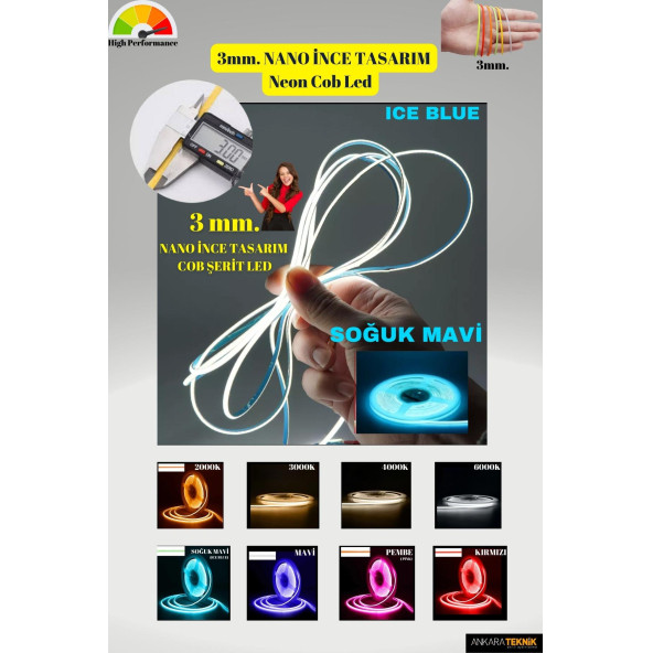 3mm. Nano Ince Neon Cob Şerit Led/ Ince Tasarım/ 5 Metre Rulo /1 Metrede 384 Led Bright Chip - 6