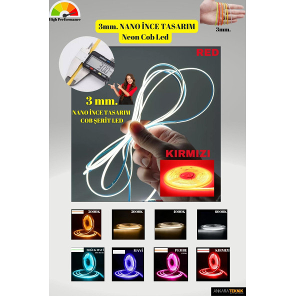 3mm. Nano Ince Neon Cob Şerit Led/ Ince Tasarım/ 5 Metre Rulo /1 Metrede 384 Led Bright Chip - 7