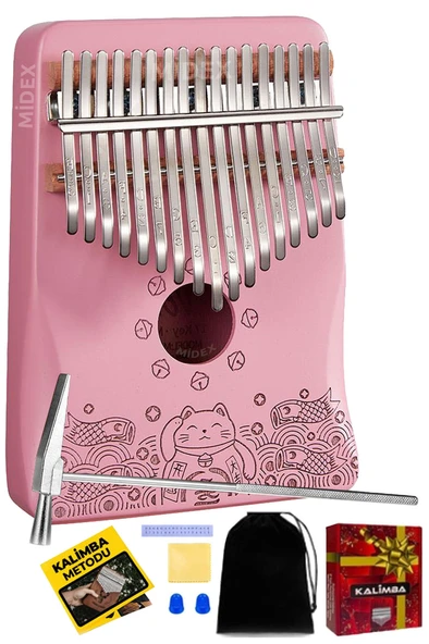 Midex KLX-350 Kedicik Desenli Pembe Kalimba Gerçek Ağaç 17 Tuşlu Full Set