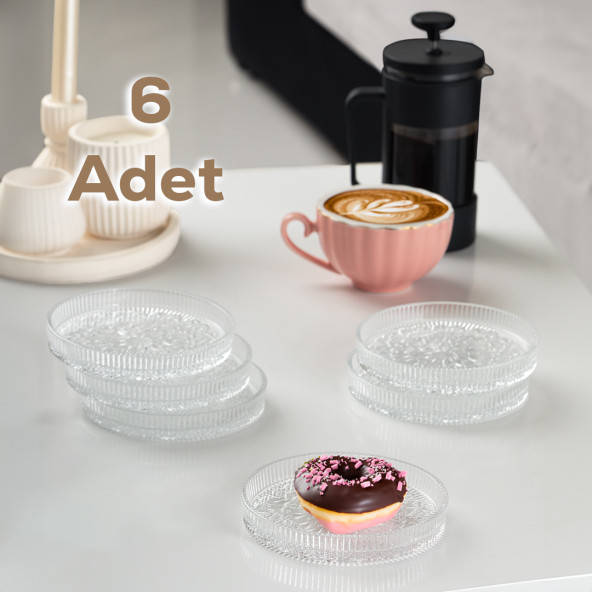 Porsima Rüya Desenli Dik Tabak - 6 Lı Cam Sunumluk Pasta Kurabiye Kek İkram Servis Tabağı-12 Cm