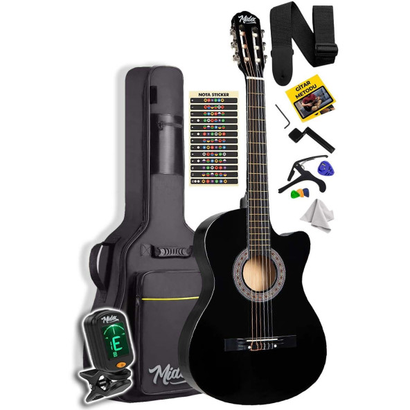 Midex CG-390BK-XBAG Siyah Klasik Gitar 4/4 Sap Ayarlı Kesik Kasa Full Set (Çanta Tuner Askı Capo Metod Pena)