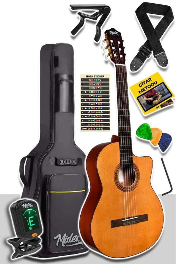 Midex CG390M-XBAG Klasik Gitar 4/4 Sap Ayarlı Kesik Kasa (Çanta Tuner Askı Capo Metod Pena)
