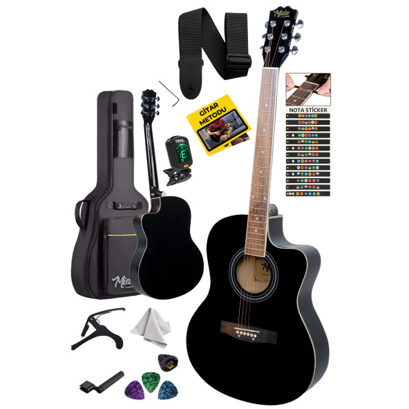 Midex XC-200BK Kesik Kasa Siyah Akustik Gitar 4/4 Yetişkin Üst Segment (Gigbag Çanta Tuner Capo Askı Pena)