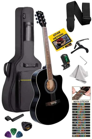 Midex XC-200BK Kesik Kasa Siyah Akustik Gitar 4/4 Yetişkin Üst Segment (Gigbag Çanta Tuner Capo Askı Pena) - Resim 2