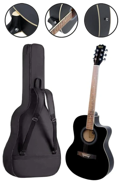 Midex XC-200BK Kesik Kasa Siyah Akustik Gitar 4/4 Yetişkin Üst Segment (Gigbag Çanta Tuner Capo Askı Pena) - Resim 3